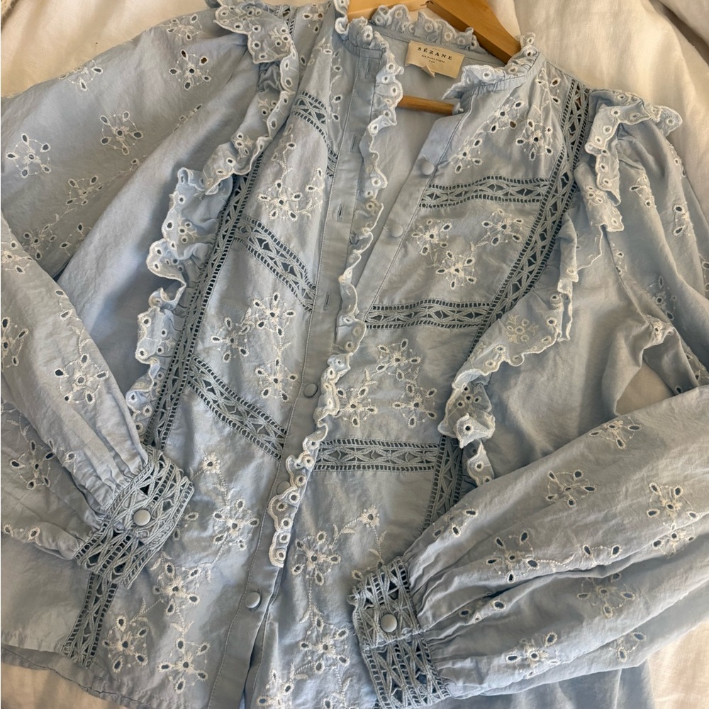 Light Blue Sezane Eyelet long sleeve blouse